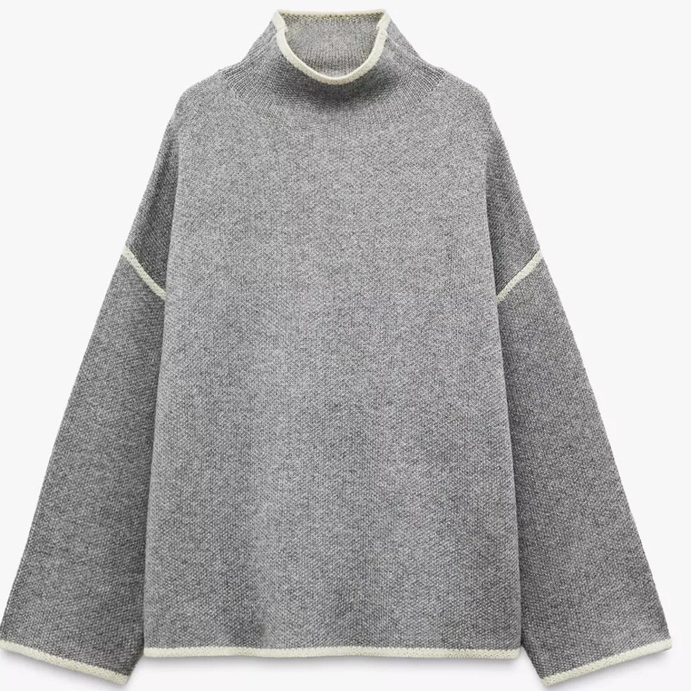 Zara Grey Crewneck Sweater with Cream Trim